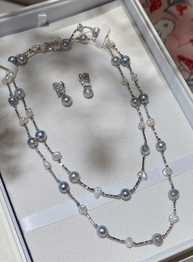 《缥缈烟雨》原创设计真多麻海水珍珠淡水巴洛克双层项链毛衣链