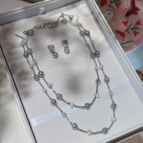 甄奢气质灰色真多麻珍珠长项链