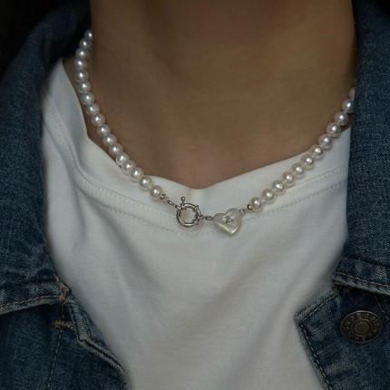 《遥远的心》6-7mm高品质无核淡水珍珠西太后土星纯银爱心扣手链