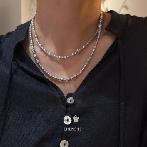 甄奢大小间隔淡水珍珠长项链