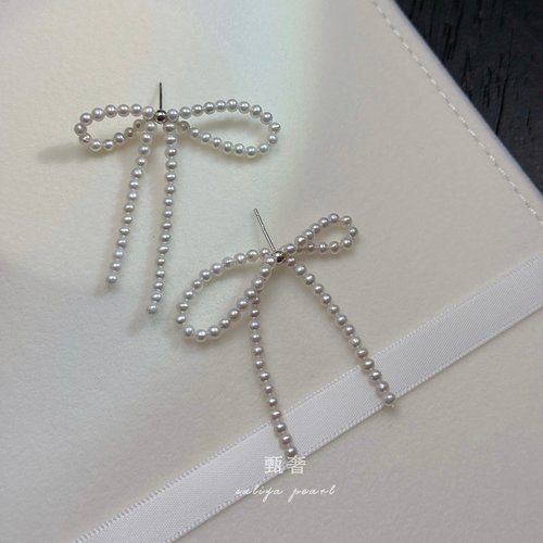 甄奢天然淡水小珍珠蝴蝶结耳钉