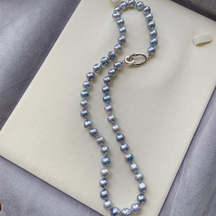 《蓝调》7-8mm圆形巴洛克无调色真多麻天然色海水akoya珍珠项链