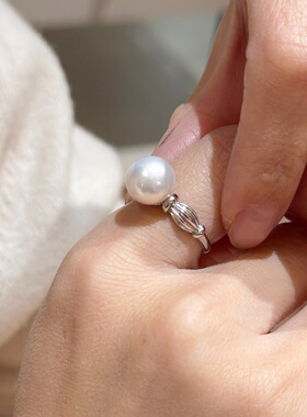《银环映月》9-10mm正圆白亮淡水珍珠戒指简约时尚大气S925厚银