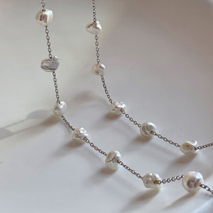 80cm淡水keshi珍珠碎银子满天星毛衣长项链原创设计 碎月闲风