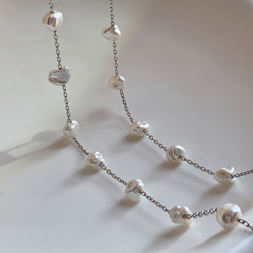 《碎月闲风》80cm淡水keshi珍珠碎银子满天星毛衣长项链原创设计