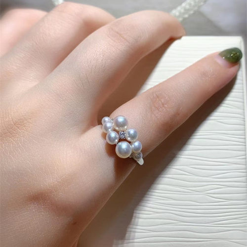 《玉露》精工纯银M家同款小葡萄戒指天然极光淡水ak珍珠可调节百