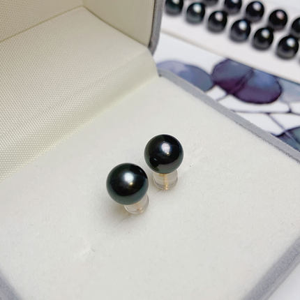 《夜阑》8-9mm黑绿色油亮大溪地黑珍珠耳钉18k金高级气质海珠耳饰
