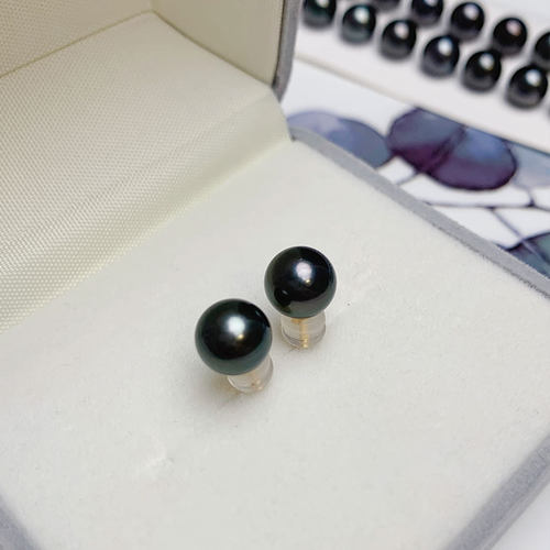 《夜阑》8-9mm黑绿色油亮大溪地黑珍珠耳钉18k金高级气质海珠耳饰