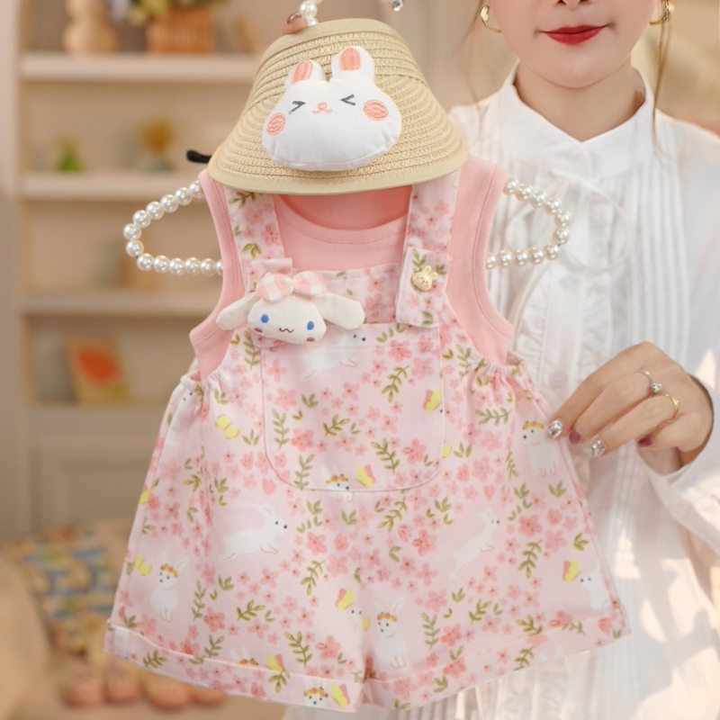 2026年夏季女小童新款可爱粉色碎花小兔背带裤套装女童薄款003图片