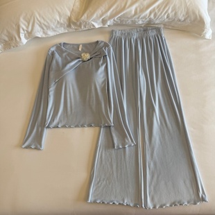 家居服套装 长裤 高级感可外出 双面海岛绒长袖 带胸垫睡衣女春秋冬季