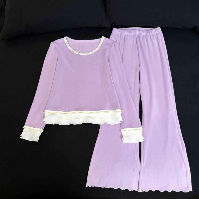 新款半边绒蕾丝边睡衣女长袖长裤家居服两件套高级感保暖舒适套装