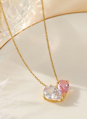 粉白水晶色爱心项链轻奢女高级感设计礼物时尚气质心形首饰品