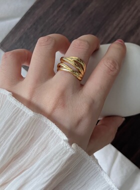 s925银重工不规则交叉线条戒指多层小众银饰女韩国ins风指环