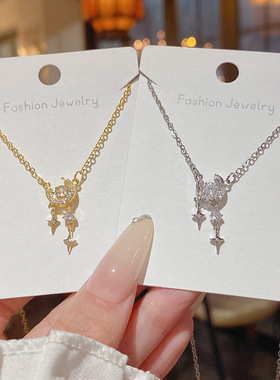 灵动浪漫星月项链轻奢小众ins闪钻简约吊坠颈链星星流苏锁骨链女