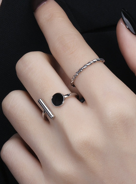 S925纯银黑暗系开口可调节指环女韩版小众设计感滴釉黑色几何戒指