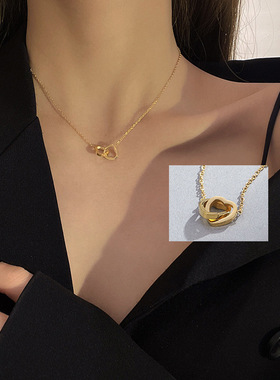 通体钛钢玫瑰金双环钢项链女轻奢小众时尚不掉色锁骨链配饰品