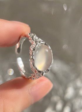 S925纯银肌理感熔白玛瑙戒指不规则锡纸开口戒蛋形玉石指环女