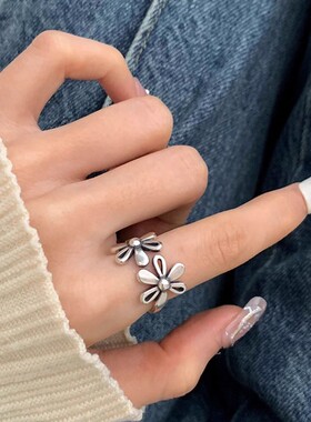 S925纯银复古双花朵戒指女小众冷淡风甜酷个性食指戒网红款指环