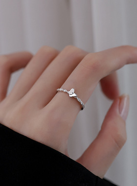 925纯银蝴蝶戒指女款小众设计素圈食指戒时尚个性冷淡风指环戒子
