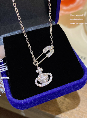 西太后满钻别针土星项链轻奢巨闪吊坠饰品小众设计感锁骨链女