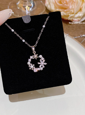 韩版新款雪花花环项链女锆石珍珠镶嵌超闪吊坠温柔仙气轻奢锁骨链