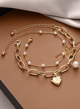 欧美复古双层爱心珍珠手链男高级感痞帅设计轻奢小众手饰