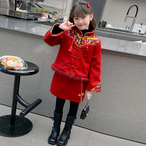 女童中式红色新年套装冬季2024新款儿童小女孩加厚过年衣服拜年服