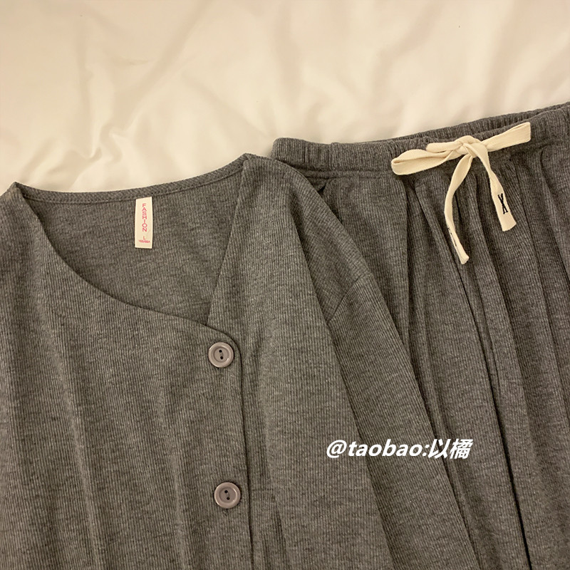 HIGH-END PAJAMAS WOMENS SPRING AND AUTUMN LONG-SLEEVED COTTON CAN BE WORN OUTSIDE GRAY INTERNET CELEBRITY THINNING CASUAL LOUNGEWEAR TWO-PIECE SET