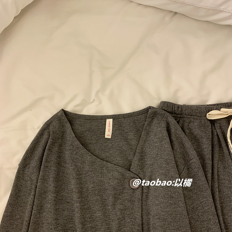 HIGH-END PAJAMAS WOMENS SPRING AND AUTUMN LONG-SLEEVED COTTON CAN BE WORN OUTSIDE GRAY INTERNET CELEBRITY THINNING CASUAL LOUNGEWEAR TWO-PIECE SET
