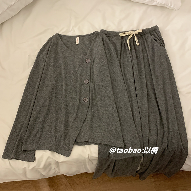 HIGH-END PAJAMAS WOMENS SPRING AND AUTUMN LONG-SLEEVED COTTON CAN BE WORN OUTSIDE GRAY INTERNET CELEBRITY THINNING CASUAL LOUNGEWEAR TWO-PIECE SET