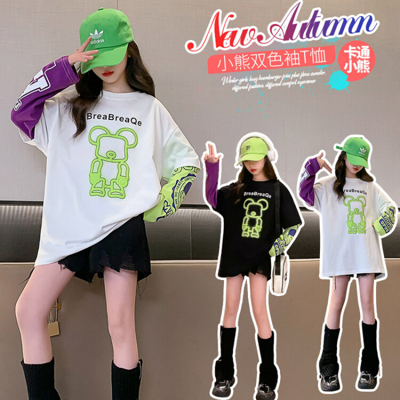 女童卫衣黑色小熊假两件上衣春秋季2025新款中大童衣服小女孩T恤