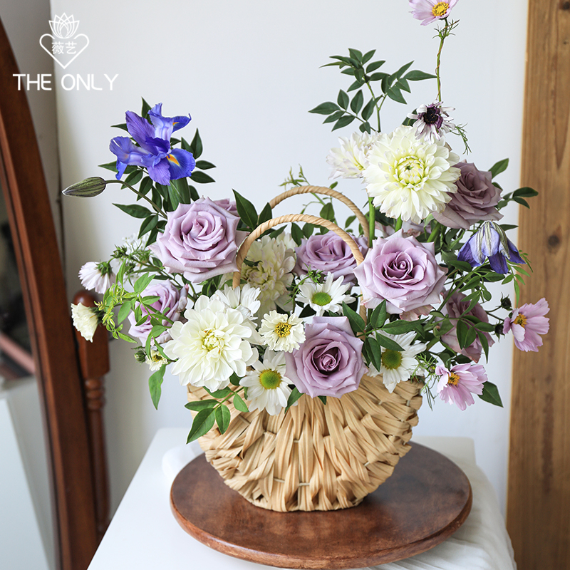 柳编月亮花篮田园风手提花篮