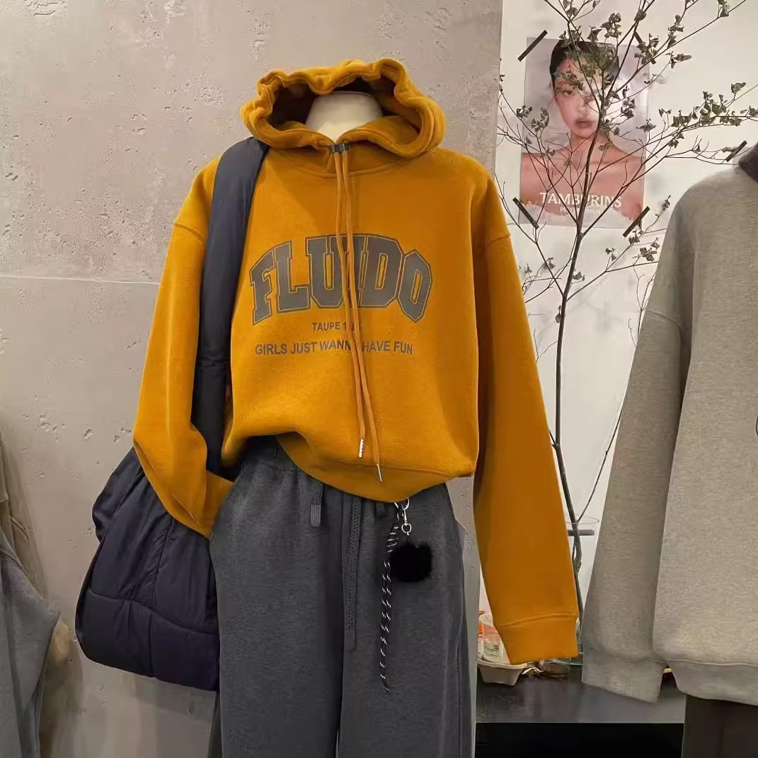 2025冬季新款KEYBOARD休闲百搭撞色字母连帽烯暖绒宽松卫衣上衣