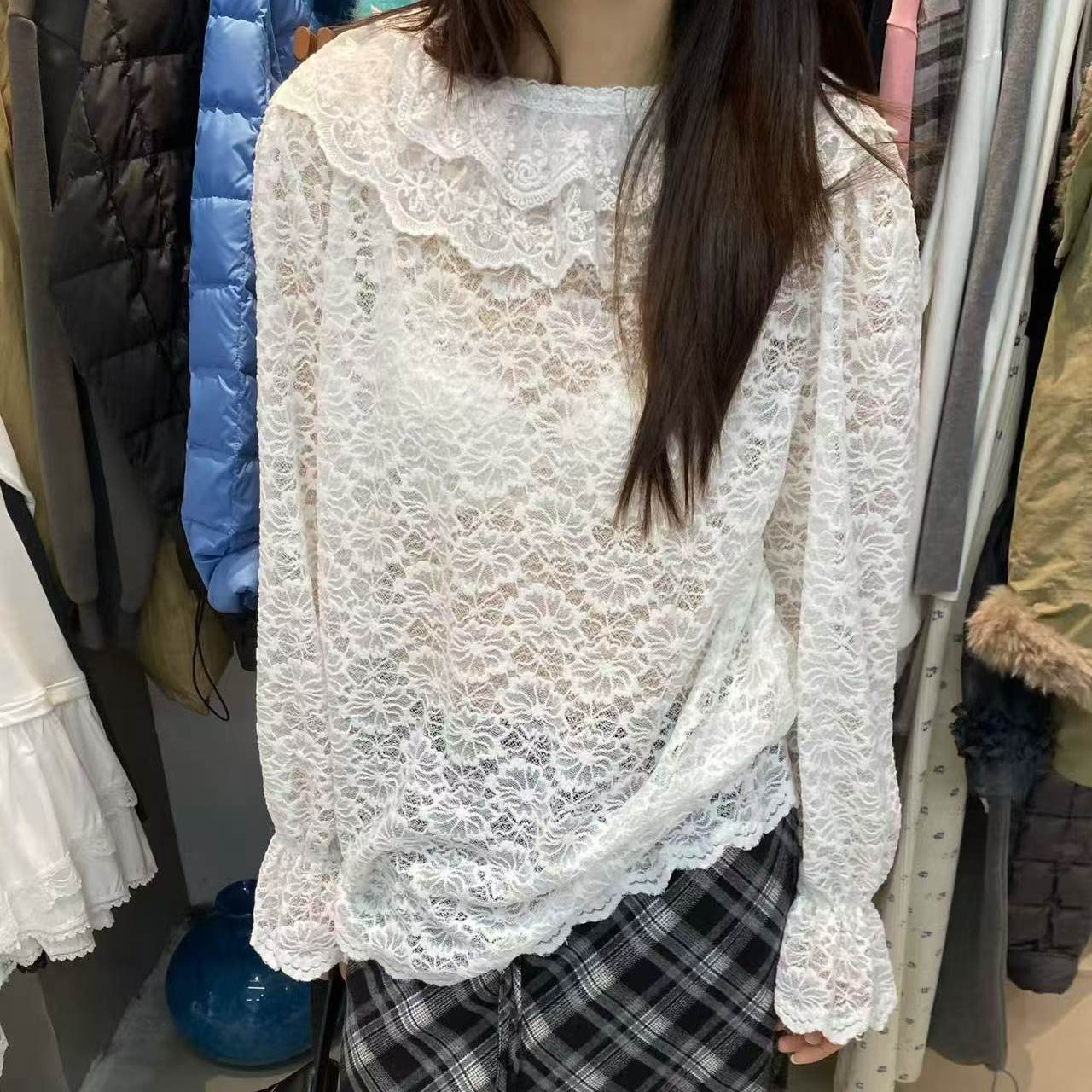 2025新款Tessbrii百搭纯欲风蕾丝花边小衫花朵叠穿宽松打底衫上衣