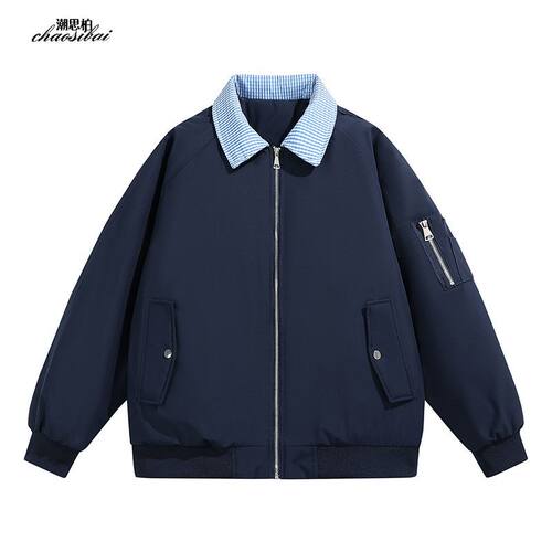 潮思柏美式复古假两件翻领棉服男女同款青年时尚高级感撞色棉衣