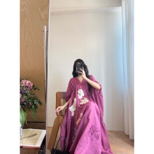 IMMUNO壹糯  豆蔻苎麻抽褶罩裙手工盘带绣花宽松玫红养人连衣裙