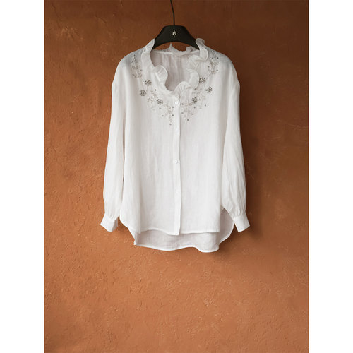 IMMUNO壹糯 法式慵懒感重工钉珠刺绣V领木耳花边长袖宽松亚麻衬衫