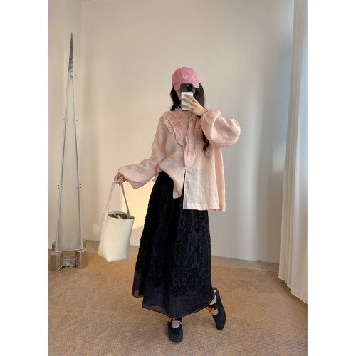 IMMUNO壹糯 巴洛克提花手工剪花双面穿打褶松紧伞裙双面穿棉半裙