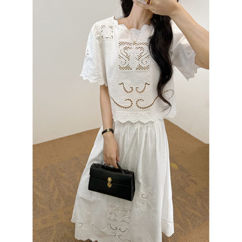 IMMUNO壹糯 极简风方块虫形镂空刺绣短袖上衣大阔摆棉麻混纺半裙