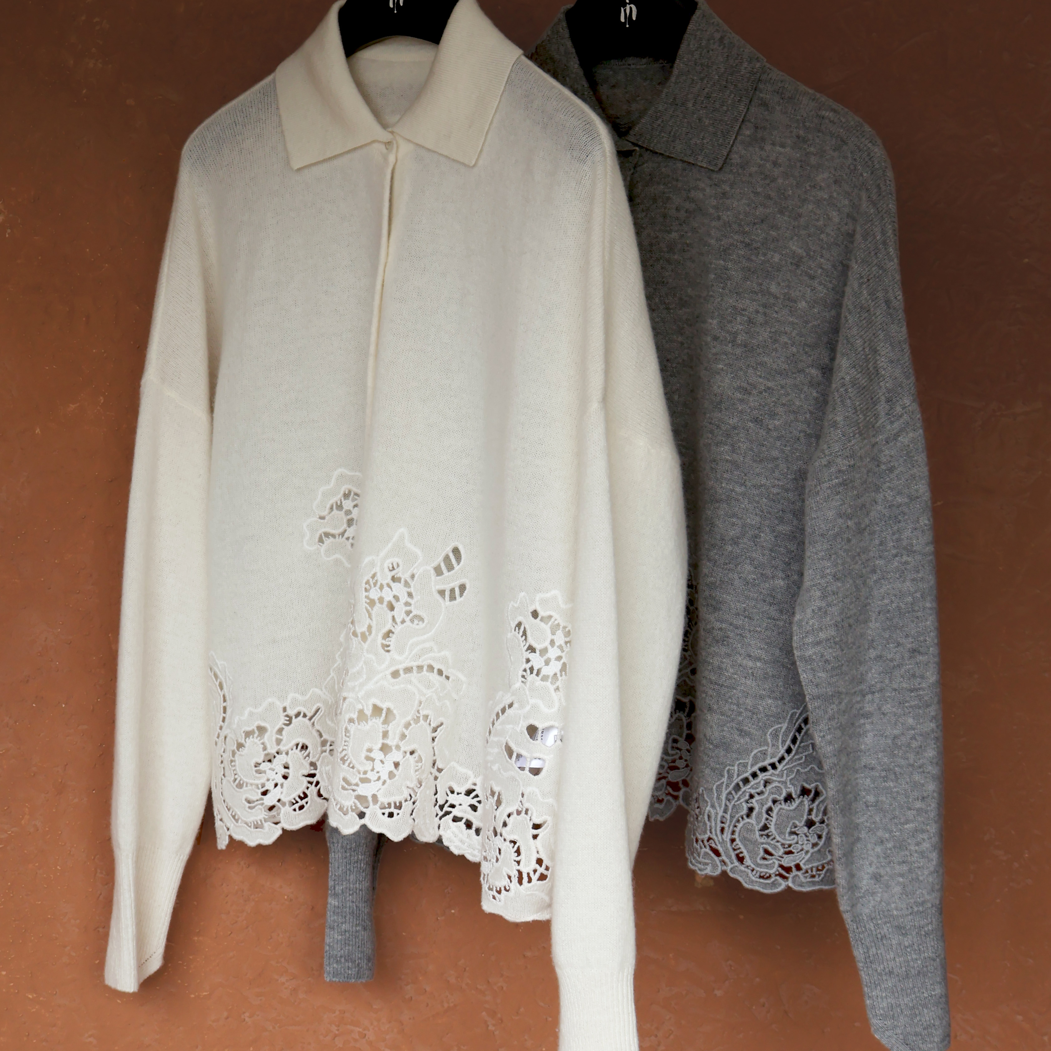 IMMUNO壹糯 E*R蕾丝之王立体刺绣重工镂空水溶羊绒针织翻领开衫