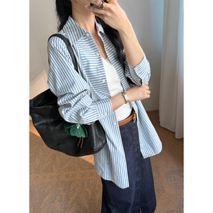 IMMUNO壹糯 撞色竖条纹丝棉衬衫蓝白条宫廷风休闲宽松长袖上衣