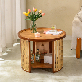 藤编茶几客厅家用小圆桌子沙发边几日式阳台茶桌小户型侘寂风矮桌