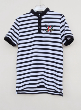 拉PT系列专柜男装 夏高级纯棉珠光小翻领短袖T恤2A2486黑色条纹