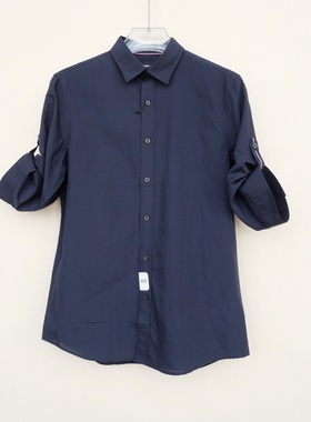 拉JW系列/170撤柜正品男夏薄柔棉麻舒适七分袖衬衫4A4182黑色