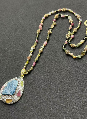 天然蓝磷灰石中古碧玺长款项链女轻奢高级复古法式毛衣链配饰饰品