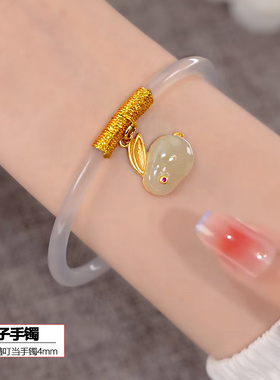 简约天然玉髓玉兔手镯叮当镯女