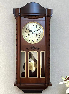 实木客厅机械挂钟整点报时打响发条老式欧式钟表新中式纯铜机芯