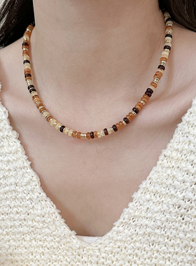 美拉德咖啡色天然石串珠项链