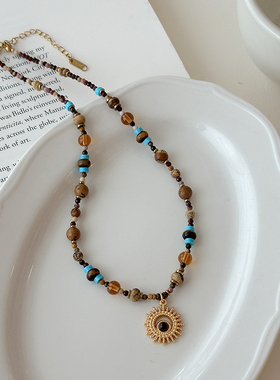 ins风天然石串珠太阳吊坠项链