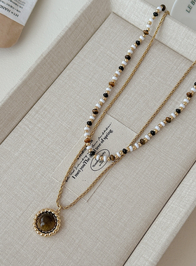 双层叠戴贝母虎眼石串珠吊坠项链
